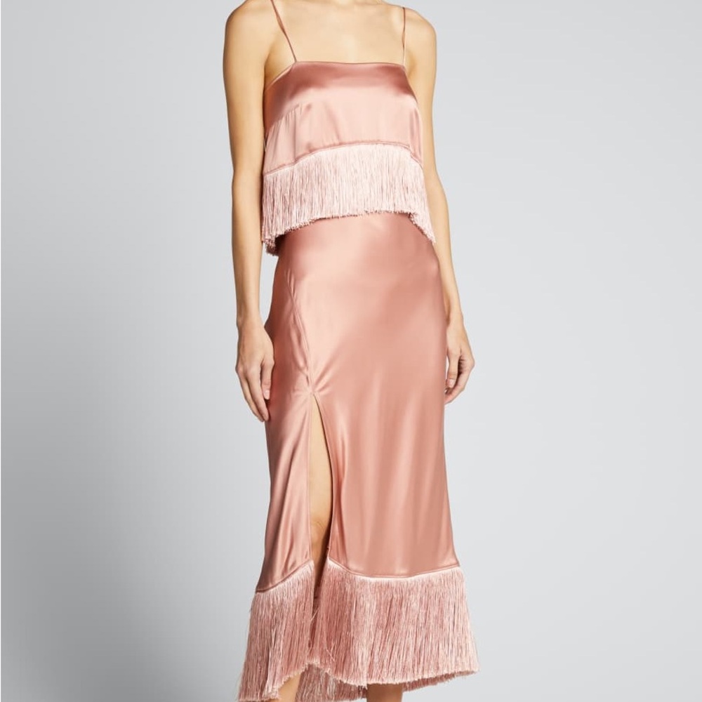 Cinq à Sept Blush Satin Eastwood Fringe Cocktail Dress